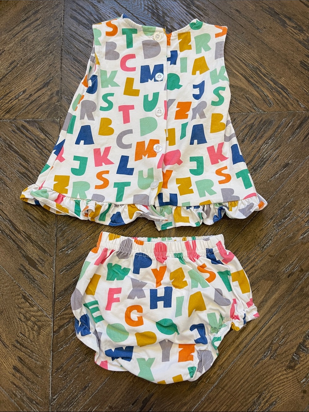 Stitchy Fish Alphabet Print Ruffle Baby Dress & Bloomers - Picture 3 of 3